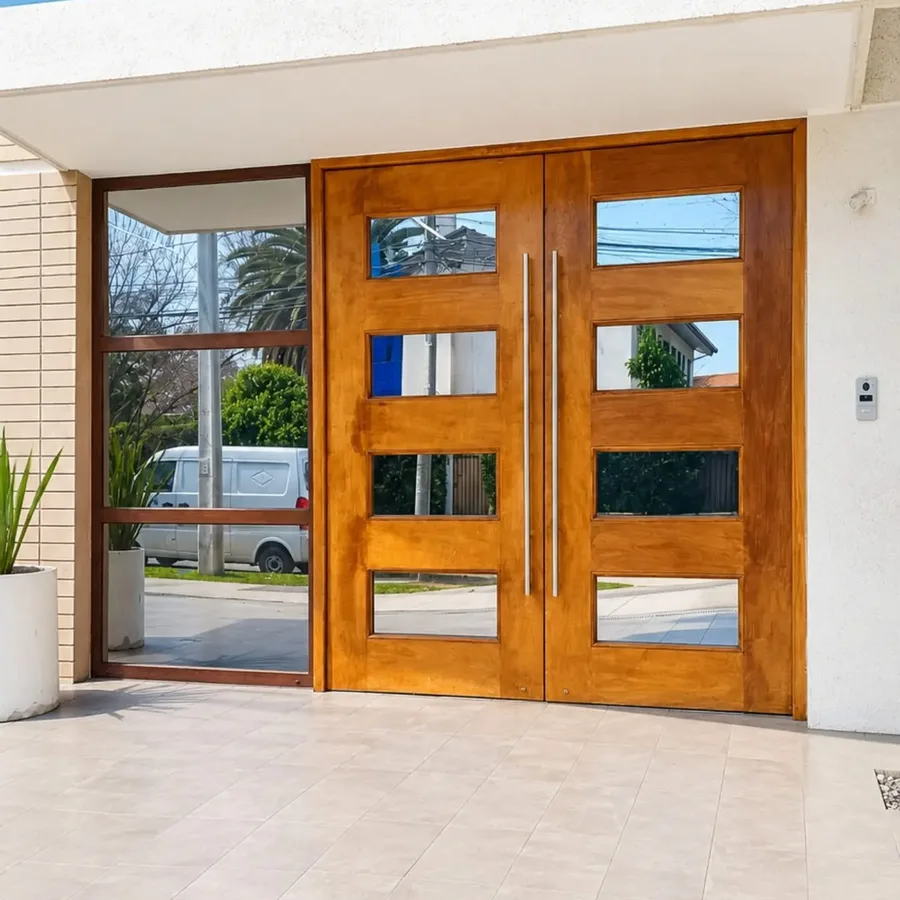 Puerta de madera con vidrios espejados vista desde el exterior